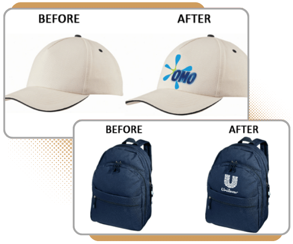 comparisons of a beige cap and a navy blue backpack.